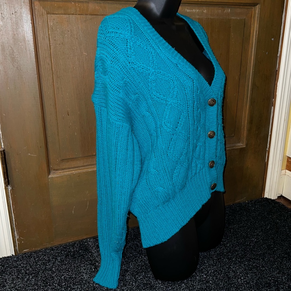 ⭐️Vintage Patsys Place Blue Green Acrylic Long Sleeve Button Up Cardigan Size L - Picture 4 of 10
